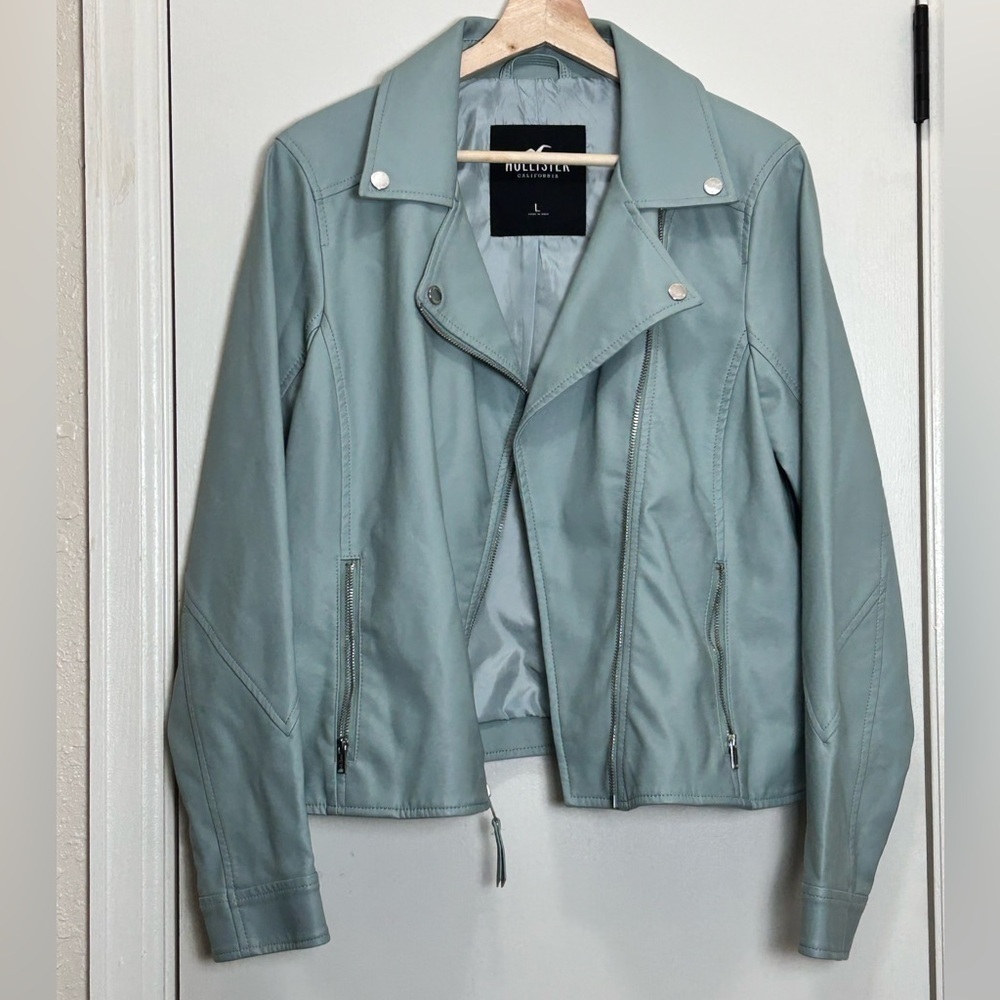 Hollister Blue Faux Leather Moto Jacket L Asymmetrical Zip Notched Collar Vegan - Picture 4 of 7